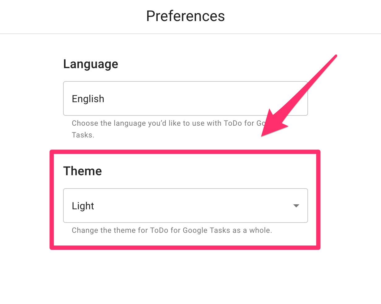 The theme can be selected from light mode (default) and dark mode.